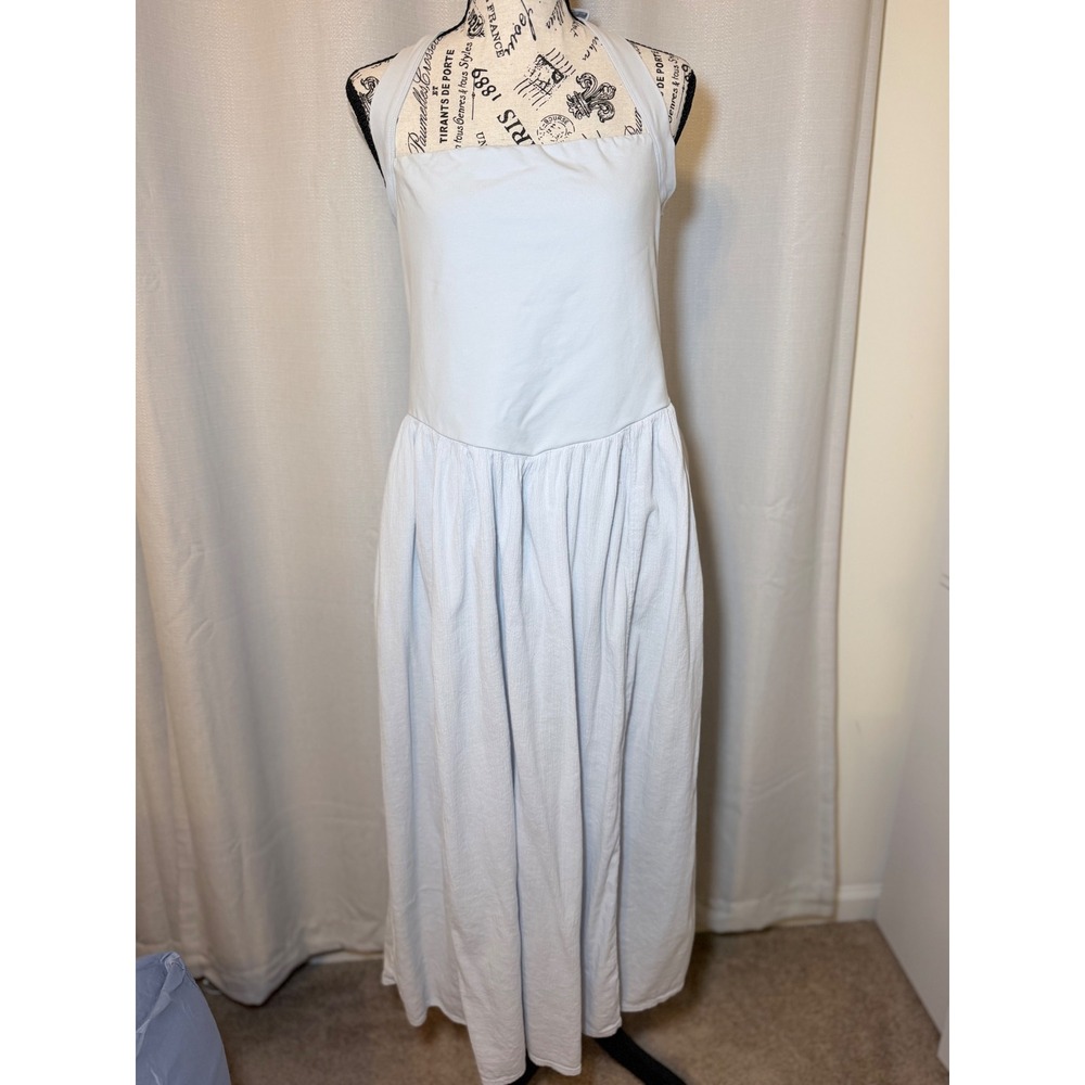 Aerie Light Blue Halter Midi Dress Ribbed Gauze Pockets L